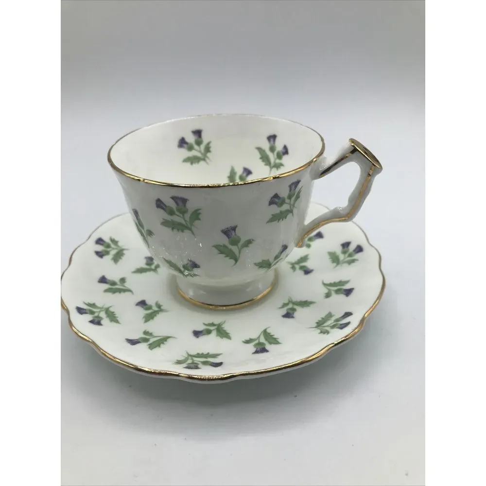 Aynsley Cup & Saucer Fine Bone China Footed w Purple Flowers Gold Trim‎